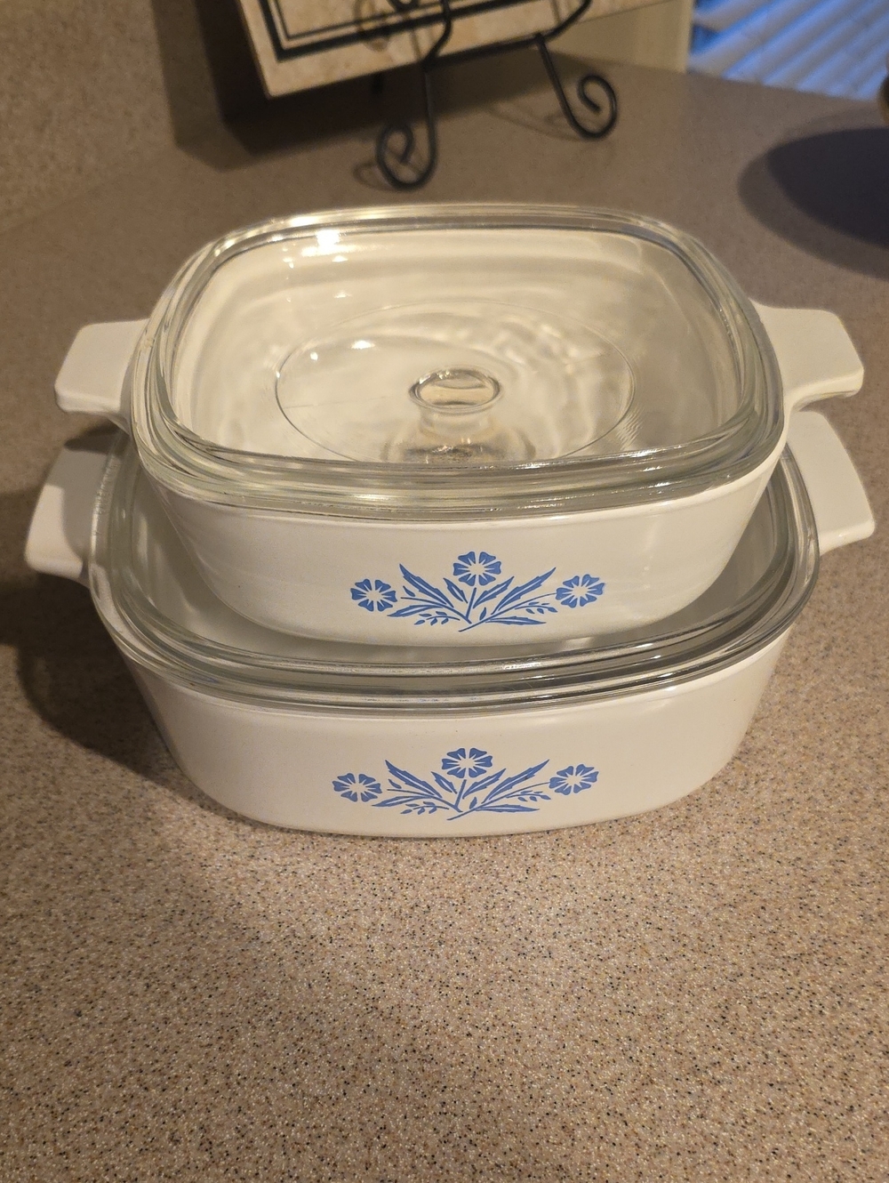 CORNING WARE White Ceramic Baking Dishes with Blue Floral Design - Set of 2
